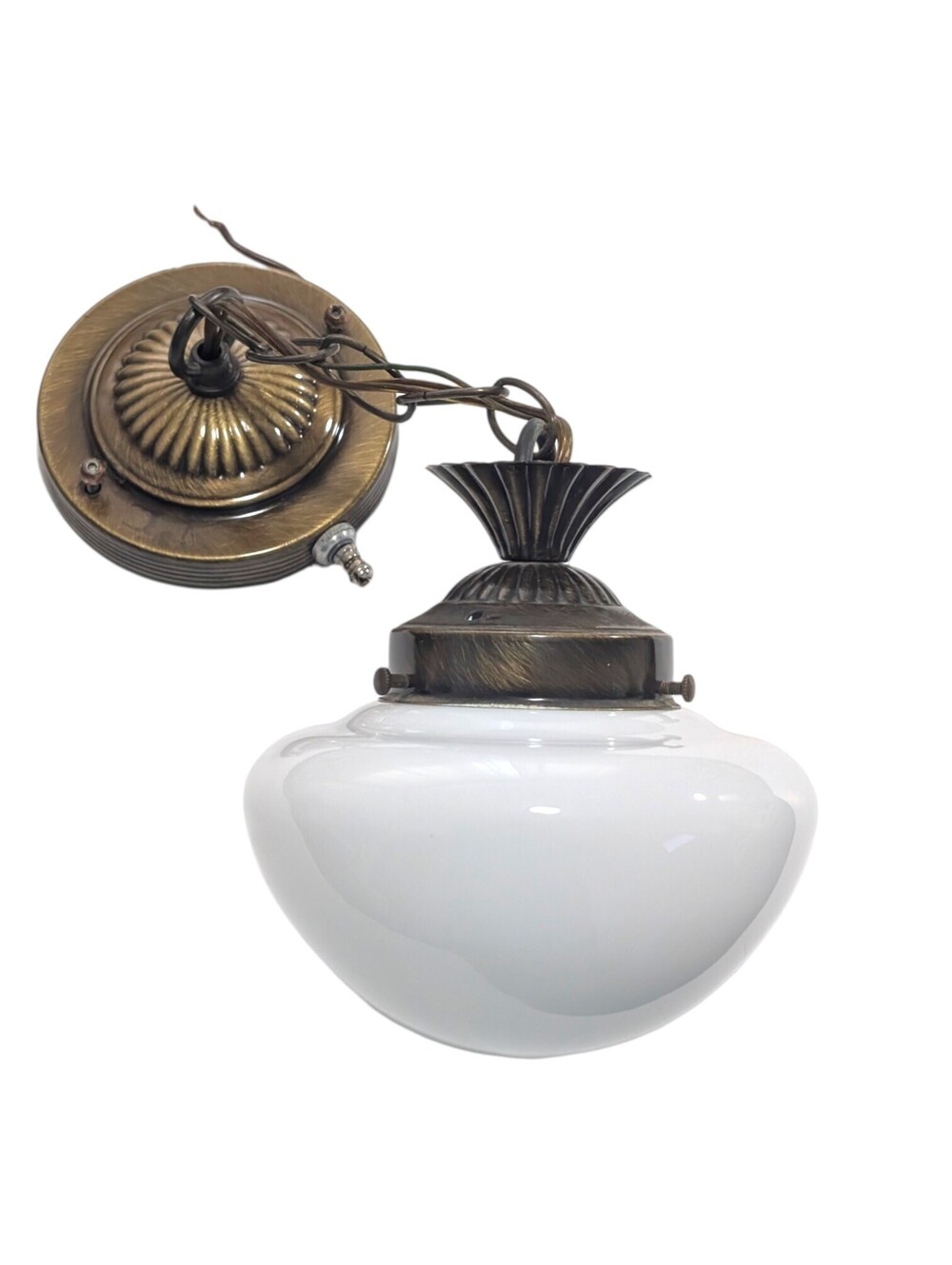 Mid Century Modern Schoolhouse Light Fixture Brass White Milk Glass Pull Switch